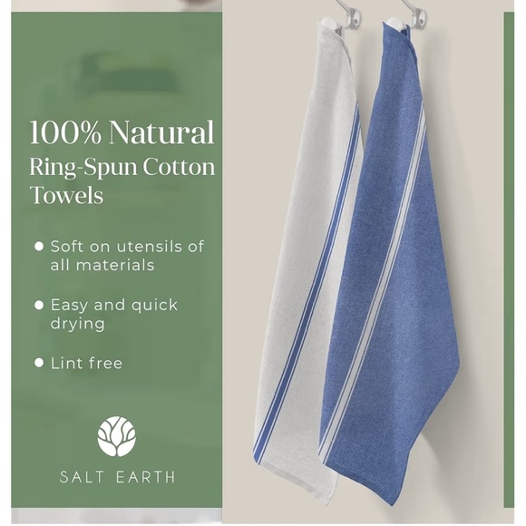 NEW Set 8 Kitchen Towels Salt Earth Cotton Blue White Herringbone - Picture 4 of 8